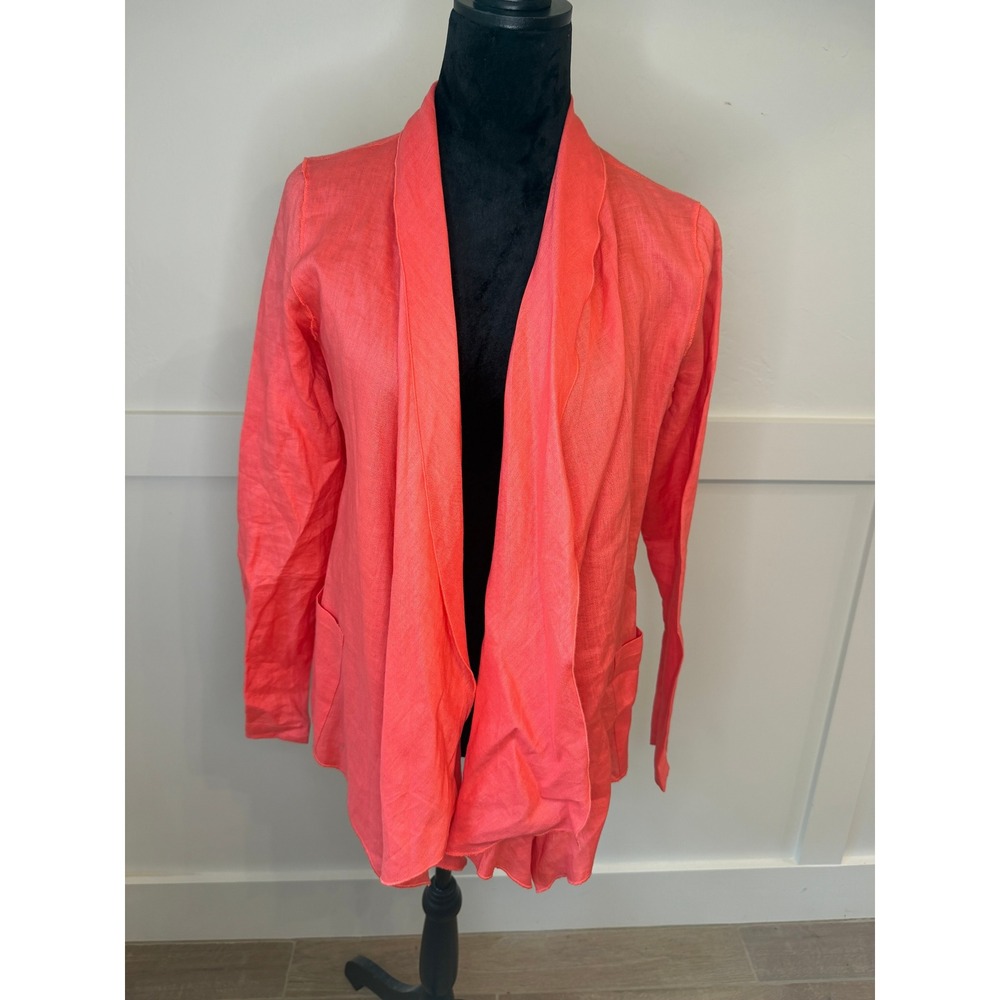 Joan Vass New York Coral Pink 100% Linen Open Front Draped Cardigan Jacket S‎